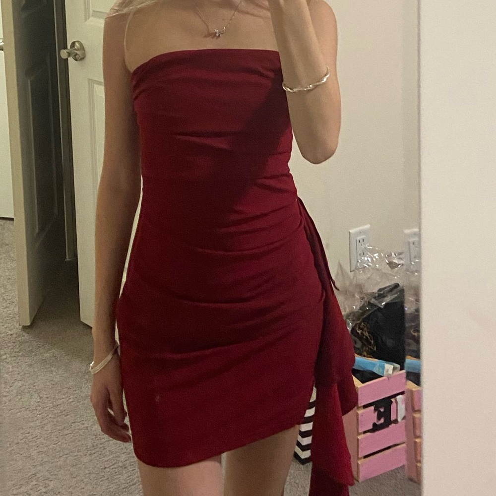 Red Ruched Strapless Bodycon Dress